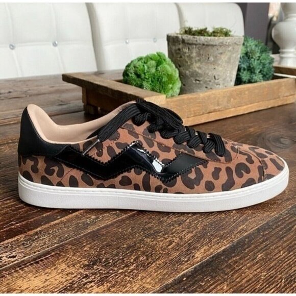 Stuart Weitzman Sz 6 Leopard Print Brown Suede Leather Black Patent Sneakers - Picture 1 of 13
